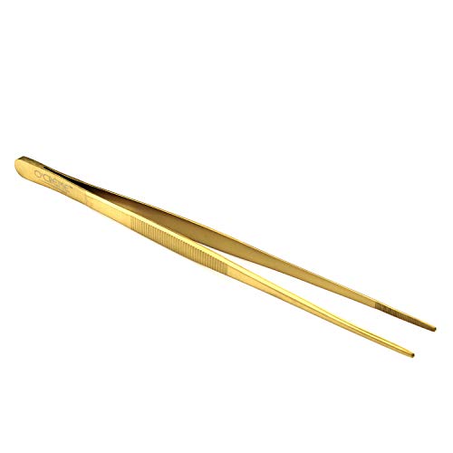 O'Creme 10 Inch Gold-Colored-Exterior Stainless Steel Precision Kitchen Tweezer Tongs with Serrated Tips for Gripping