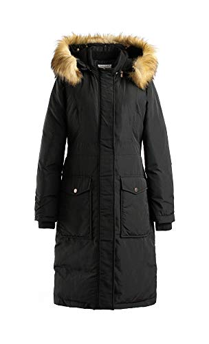 Polydeer Women's Vegan Down Hooded Waterproof Jacket,Classic Puffer Thickened Winter Coat with Faux Fur, Full Zip Warm Parka for Ski,Hiking,Mountain (S,Black2)