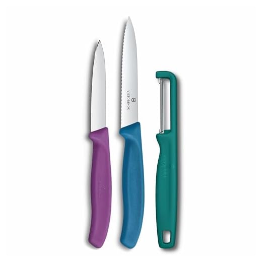 Victorinox Swiss Classic Set di coltelli per verdure con pelapatate, spelucchino e coltello per pomodori, 3 pezzi, lama diritta e seghettata, acciaio inox, Colorato