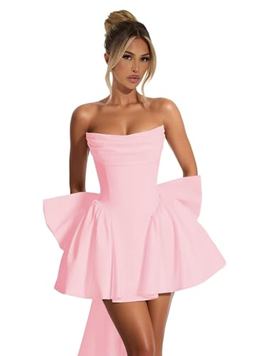 Strapless Homecoming Dresses with Bow Short Satin Prom Dress A Line Cocktail Party Gowns