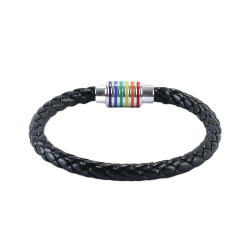 ACOLY 2-częściowa bransoletka Gay Pride Rainbow, para czarnych skórzanych bransoletek, dla mężczyzn i kobiet (21,5 cm)