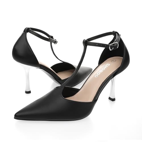Womens Closed Toe High Heels Stiletto Pointed Pumps Prom Party Office Dress Shoes with T Strap Ankle Strap Shiny Heel3