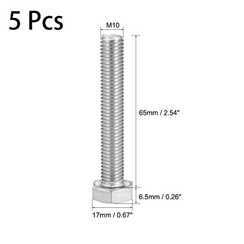 Image of 5 Pcs M10 Hex Bolt M10-1.5 x 65mm UNC Hex Head Screw Bolts A2-70(304) Stainless Steel Fully Threaded Hex Tap Bolts,Plain Finish,Fully Threaded (M10 x 65mm)