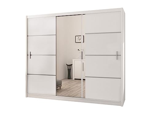 Mirjan24 Kleiderschrank Rapid, Schwebetürenschrank mit Spiegel, Schiebetür, Elegantes Schlafzimmerschrank, Schlafzimmer, Jugendzimmer (Weiß/Spiegel, 250 cm)