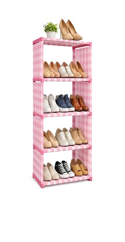 Image of Bumusty 5-Tier Shoe Rack, Pink Gingham Pattern, Fabric Storage Organizer, Space Saving Design Multipurpose Foldable Storage Rack, Bookshelf (5 Layer with Cover)