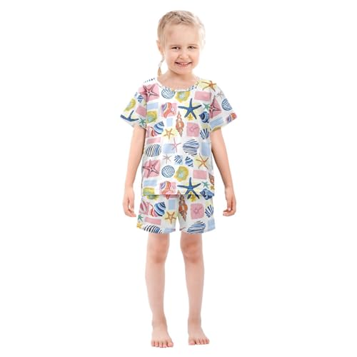 ALAZA Colorful Holiday Starfish Coral Reef Pajamas Set Short Sleeve Cotton Sleepwear Summer Pjs 2 Piece 5-14Y3