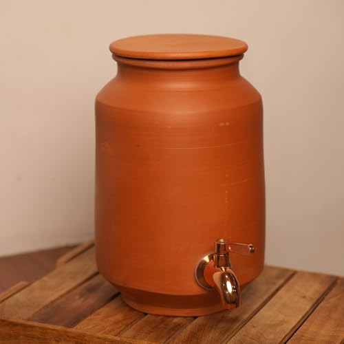 Image of Clay Water Dispenser with Copper Stainless Steel Tap & Lid - Terracotta Mitti Water Pot /Matka, Natural Earthenware Drink Dispenser for Kitchen, Home & Office (3.5 Litre)