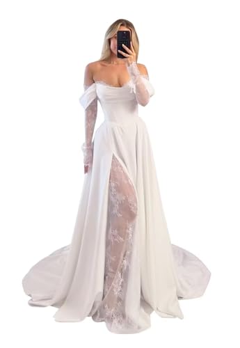 Rjer Off Shoulder Satin Wedding Dresses for Bride White Lace