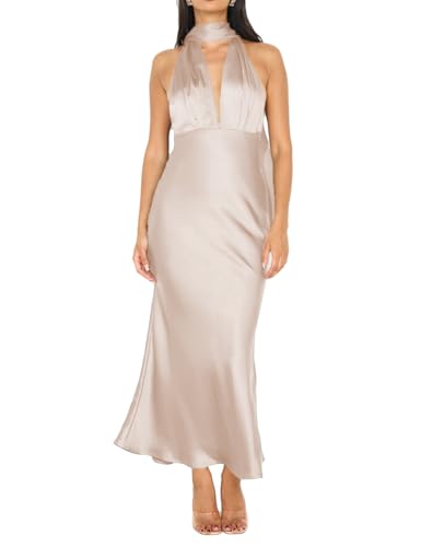 Image of 2026 Women's Satin Halter Deep V Neck Wedding Guest Maxi Dresses