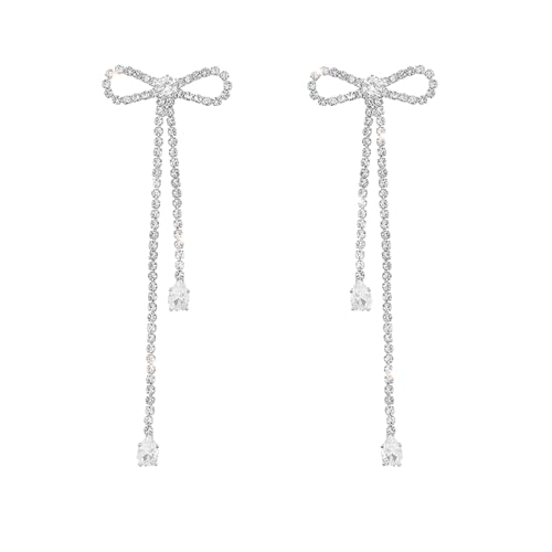 Luxval Silver Bowknot Earrings - Sparkle Rhinestone Drop Dangle Bling Fashion Jewelry Gift