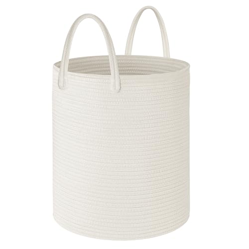 Image of White Woven Cotton Rope Laundry Basket Hamper,Kids Baby Laundry Basket Nursery Hamper Bin Woven Storage Basket for Living Room Bedroom Cute Boho Tall Woven Rope Baskets for Blanket