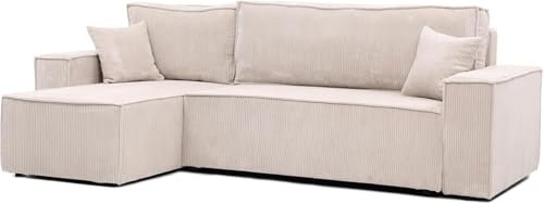 GREKPOL Canapé d'angle Convertible 244x145 Velours Côtelé à Gauche ou à Droite - Canapé avec Espace de Rangement - Sofa Beige