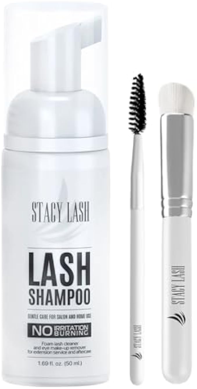 STACY LASH Eyelash Extension Shampoo + Brush / 1.69 fl.oz / 50ml / Eyelid Foaming Cleanser/Wash for Extensions & Natural Lashes/Safe Makeup Remover/Supplies for Professional & Home Use