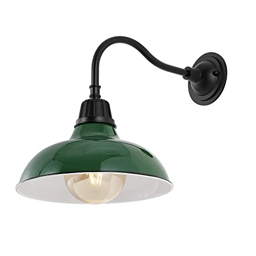 Image of JONATHAN Y 12.25 inch Green /Black Farmhouse Industrial Outdoor Sconce, LED Gooseneck Wall Light for Porch, Metal Bowl Shade, Dimmable Vintage Exterior Fixture, LED Bulb Included (JYL7613F)