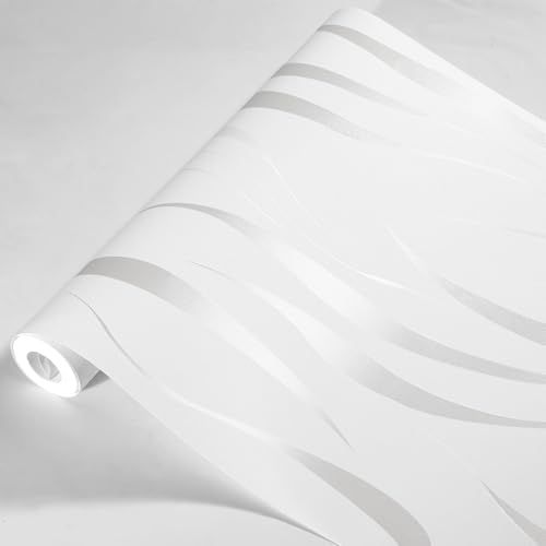 Anttyscar White Wallpaper for Living Room, White 3D Embossed Wallpaper, Modern Glitter Textured Wallpapers, Feature Wallpapers for Hallway and Stairs