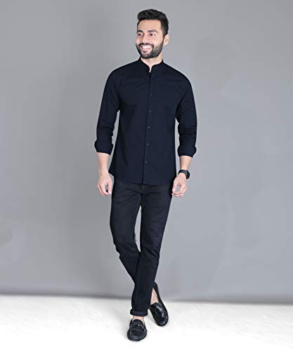 Image of Fifth Anfold Men's Pure Cotton Solid Color Mandarin Collar Full Sleeve Casual Wear Shirt, Office Wear for Men