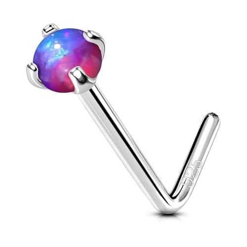 OUFER White Opal Nose Studs, 925 Sterling Silver Nose Rings, 20G Nostril Piercing Jewelry, Tiny Nose Rings Studs, 2mm Round Opal Nose Piercing Jewelry, Silver L-Shaped Nose Rings For Women M