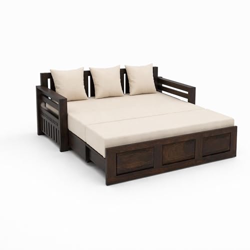 Image of SONA ART & CRAFTS Regal Sheesham Wood 3 Seater Sofa Cum Bed Without Bedside | Wooden 3 Seater Sofa for Living Room Wooden Furniture Sofa Bed for Home (Walnut Finish)