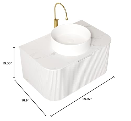 Image of KEIKI 30 inch Vanity with Sink, Floating Bathroom Cabinet with Soft-Close Drawer, 3D Striped Plywood Storage, Vessel Sink-Ready Modern Wall Vanity, White