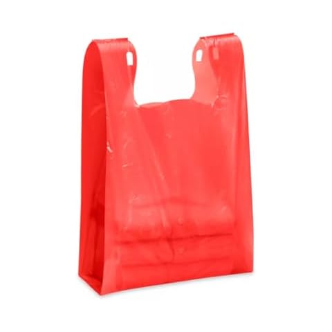 Charm Your Prince 100 Red Disposable Plastic T-Shirt Shopping Gift Bags with Handles - Small - 8" x 5" x 16" Cover