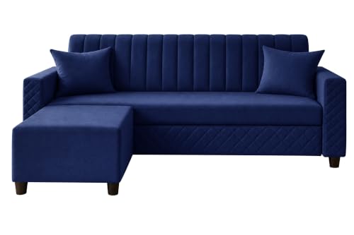 Image of 3 Seater Velvet Sofa with Ottoman | Modern Upholstered Couch | Quilted Design | Soft Comfortable Seating | Sturdy Wooden Frame | Living Room, Office - Blue