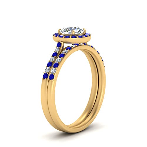 Image of Choose Your Gemstone Round Halo Ring with Matching Pave Band Yellow Gold Plated Round Shape Wedding Ring Sets Everyday Jewelry Wedding Jewelry Handmade Gifts for Wife US Size 4 to 12
