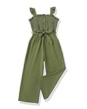 Girls Jumpsuit Kids Fashion Ruffle Sleeveless Wide Leg Belted One-Piece Romper Smocked Summer Outfits with Pockets Green Preppy Girl Clothes Size 5 6