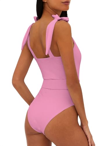 Saodimallsu Womens Sexy One Piece Bathing Suit High Cut Knit Square Neck Tied Strappy Swimsuit with Belt3