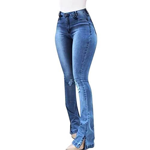 Pantalones vaqueros negros adolescentes niñas flacos rasgados Bell-Bottom-Jeans para mujer Clásicos acampanados pantalones vaqueros con cintura alta jeans niñas 158-164, azul, L