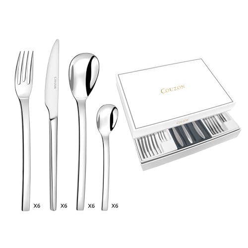 COUZON - Ménagère 24 couverts de table en coffret pour 6 personnes - Pix'Elle - Acier inoxydable 18/10, Finition Miroir, Epaisseur 2.5 mm - Inox