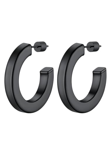 Image of Stainless Steel Chunky Hoop Earrings For Women, Minimalist and Chic, Black /Gold Plated, Round Hoops Earrings Hypoallergenic, Size: 30mm /40mm /60mm /80mm, Come with Box