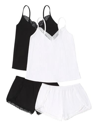 Image of Ekouaer Womens Pajama Sets Soft Cami Shorts Set 4 Piece Lingerie Sleepwear V Neck Pj Lace Nightwear