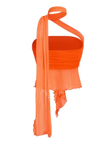 OYOANGLE Women's Sheer Ruffle Trim Halter Tops Asymmetrical Hem Ruched Sleeveless Fitted Crop Tops Y2K Party Top2