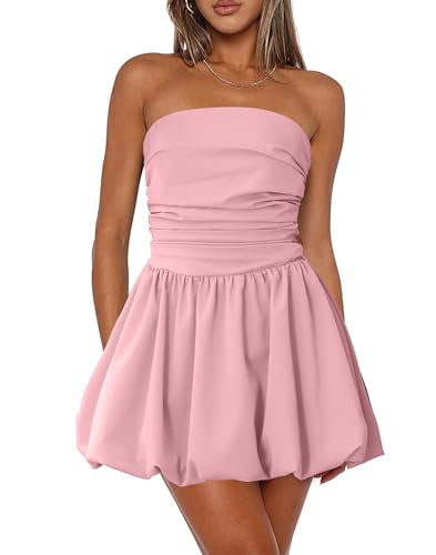 Image of Women's Strapless Bubble Mini Dress Tube Top Ruched Bow Tie Back Party Cocktail Dresses