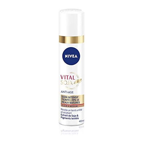 NIVEA Vital Soja Anti-Aging Intensive Pflege, hell bis Medium getönt, LSF 15 , Anti-Aging-Serum angereichert mit Soja & getönten Pigmenten, Gesichtspflege Damen reife Haut Cover