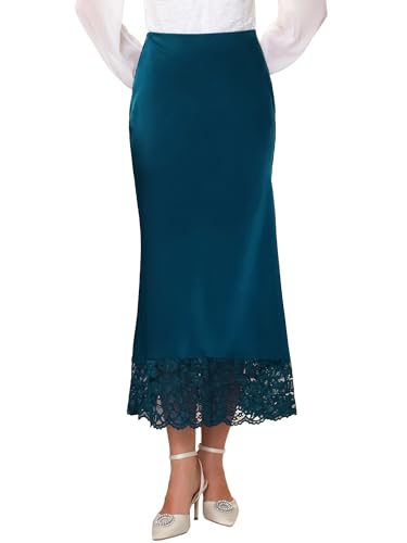 Women's Satin Skirt Formal Lace Trim High Waist Cocktail Evening Bodycon Long Maxi Skirts