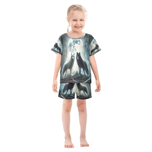 Wolves Moonlight Blue Pajama Set Short Sleeve Summer Pajamas Shorts Sets PJ Clothes Set Soft 5Y3
