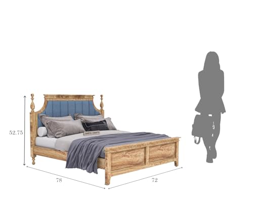 Image of Craft Solid Sheesham Wood Low Height King Size Bed Without Storage | Wooden Double Bed | Low Floor /Lying /Rise /Level /Profile Cot with Blue Upholstered Cushioned Headboard, Teak Finish-B24
