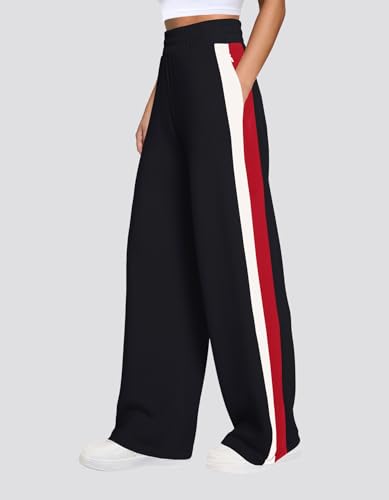 SENSERISE Women Sweatpants Color Block Wide Leg Track Pants High Waisted Side Striped Pants with Pockets2