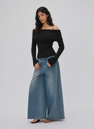 CIDER Off The Shoulder Tops for Women Long Sleeve Going Out Y2K Tops Knit Pullover Fall Outfits Trendy 20252