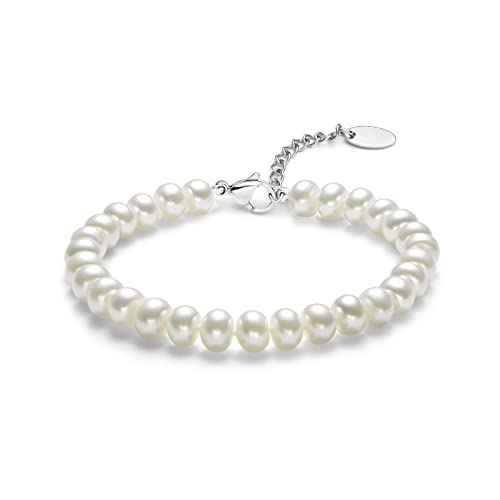 CRANE PEARL Perlen Armband - Perlenarmband Damen mit echten 7-8mm Süßwasser-Zuchtperlen, Damen Armband Perlen mit Geschenkbox Geschenke für Frauen Hochzeit Valentinstag Geburtstag Cover
