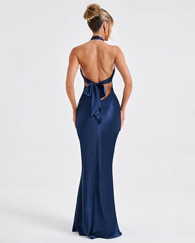 Mulheres Longo Vestido de Cetim Formal Halter Pescoço Sem Mangas Sem Mangas sexy sem encosto Maxi Ve