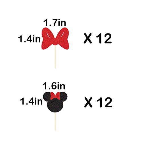 Minnie Cupcake Topper Girl Pink Mouse Baby Shower Party First Twodles Birthday Supplies Decorations Table Decor Photo Booth Props 24 Pcs(Red） #TOP1