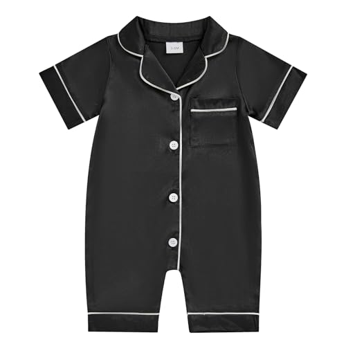 Biayxms Newborn Baby Boy Girl Silk Pajamas Romper Shorts Sleeve Button Down Satin One Piece Onesie Pjs Infant Sleepwears (Black, 0-3 Months)