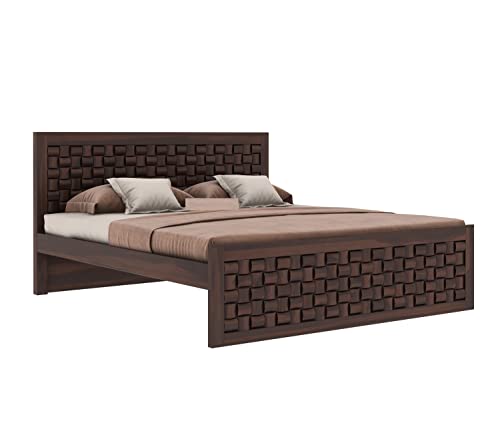 Image of Sheesham Wood King Size Bed Without Storage | Wooden Bed King Size Double Cot Palang Bed for Bedroom | Niwar Design Headboard Bed for Living Room | Walnut Finish