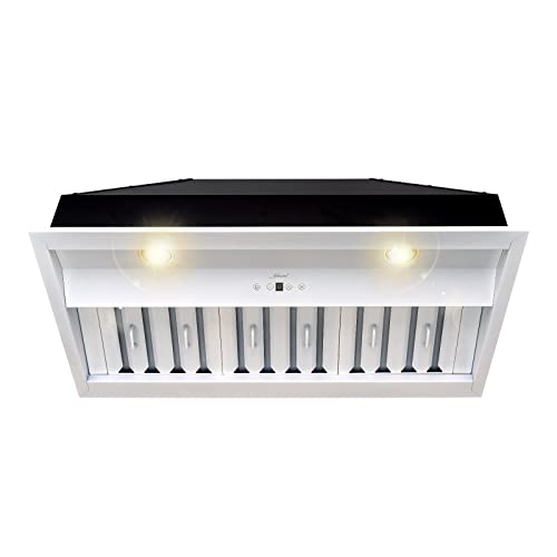 Akicon Range Hood Insert 36 Inch, Ultra Quiet, Powerful Suction Built-in Kitchen Vent Hood, Satin White Stainless Steel Ducted Stove Hood with Dimmable LED Lights Warm White, 3-Speeds 600CFM