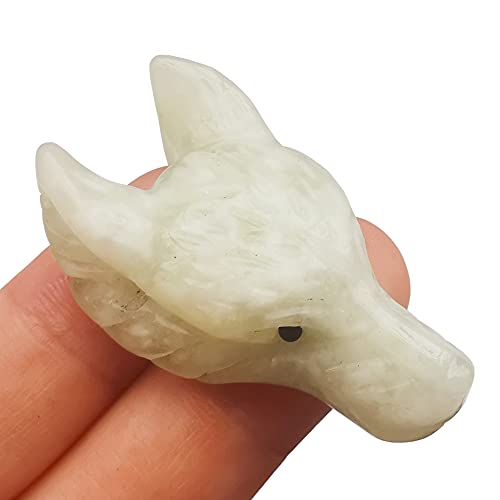 Manekieko Natural New Jade 40mm Wolf Head Pocket Crystals and Healing Stone Figurine,Haped DIY-Jewelry Pendant