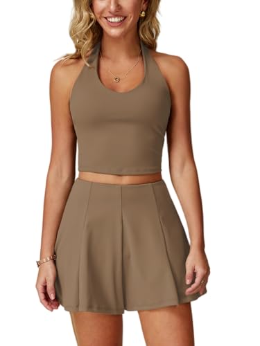 ABOCIW 2 Piece Tennis Dresses for Women High Waisted Pleated Skirt Sets V Neck Halter Workout Tank Top Built in Bra Golf Outfits Brown Small