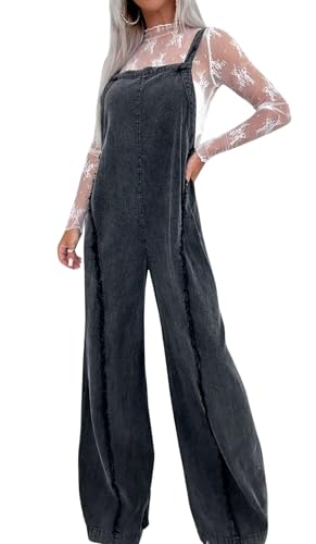 CHARTOU Women Loose Fit Denim Jumpsuit Adjustable Straps Wide Leg