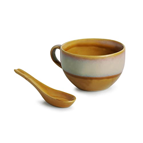 Image of ExclusiveLane Ceramic Dual Glazed Handled Ceramic Soup Bowls with Spoons & Handle, 450 ml, 2 Pieces, Mustard Yellow & Off White